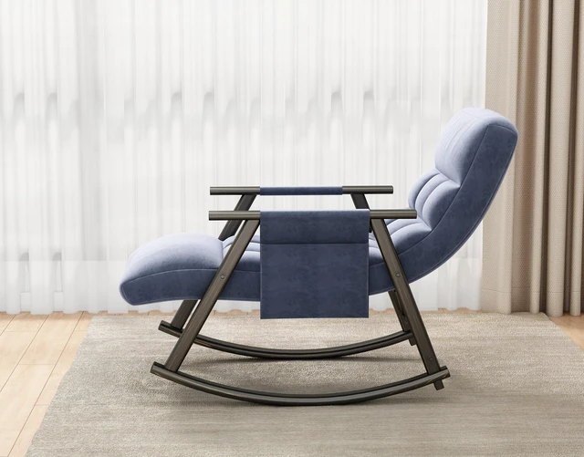 Alt view image 7 of 7 - Upholstered Folding Rocking Lounge Chair with Adjustable Back, Footrest and Side Pockets Living, Blue, Velvet