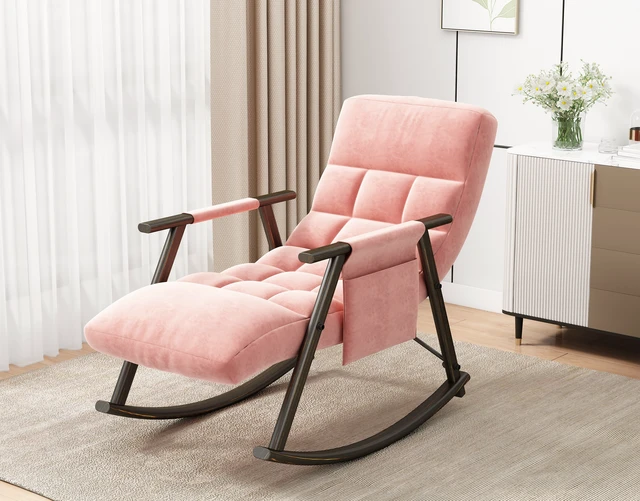 Alt view image 5 of 7 - Folding Upholstered Rocking Chair, Adjustable High-Back Lounge Rocker with Footrest and Side Pockets for Living, Pink