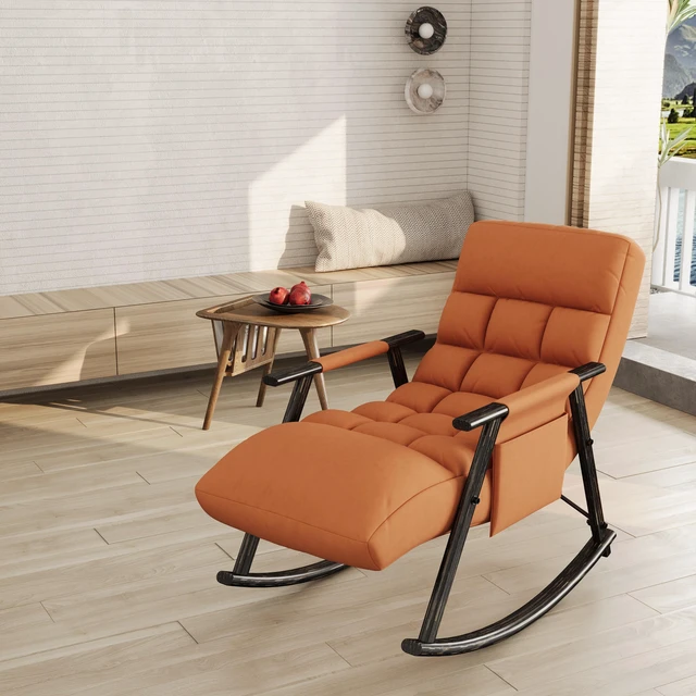 Main image of Upholstered Folding Rocking Chair, Casual Lounge Rocker with Adjustable High Back and Footrest Side Pockets for Living