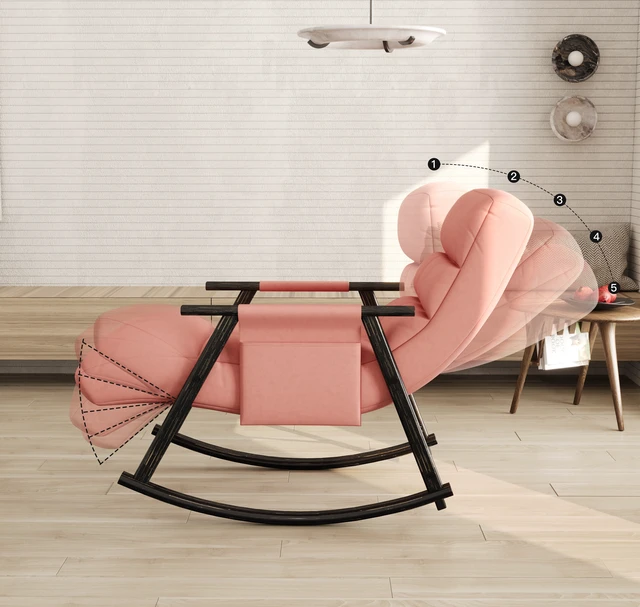 Alt view image 7 of 7 - Folding Upholstered Rocking Chair, Adjustable High-Back Lounge Rocker with Footrest and Side Pockets for Living, Pink