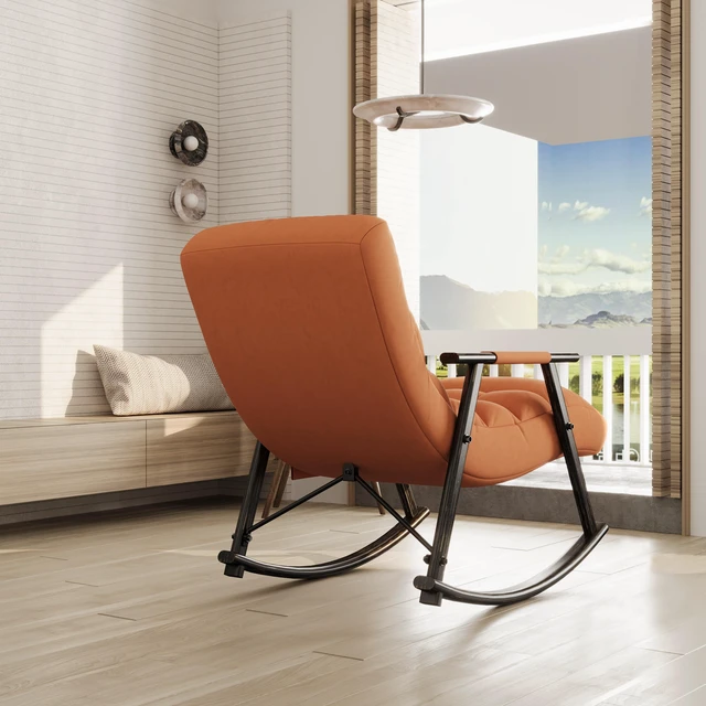 Alt view image 7 of 7 - Upholstered Folding Rocking Chair, Casual Lounge Rocker with Adjustable High Back and Footrest Side Pockets for Living