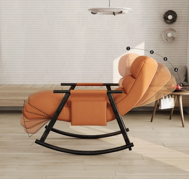Alt view image 4 of 7 - Upholstered Folding Rocking Chair, Casual Lounge Rocker with Adjustable High Back and Footrest Side Pockets for Living