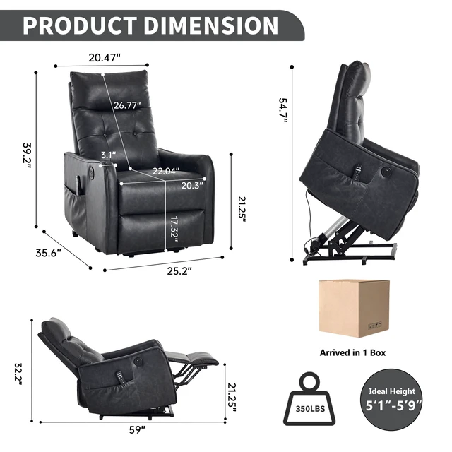 Alt view image 2 of 7 - Single Motor Power Lift Recliner Chair with Massage and Heat for Elderly, Heavy Duty Motion Mechanism and One USB