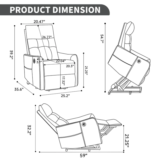 Alt view image 3 of 7 - Single Motor Power Lift Recliner Chair with Massage and Heat for Elderly, Heavy Duty Motion Mechanism and One USB