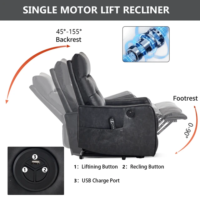 Alt view image 5 of 7 - Single Motor Power Lift Recliner Chair with Massage and Heat for Elderly, Heavy Duty Motion Mechanism and One USB