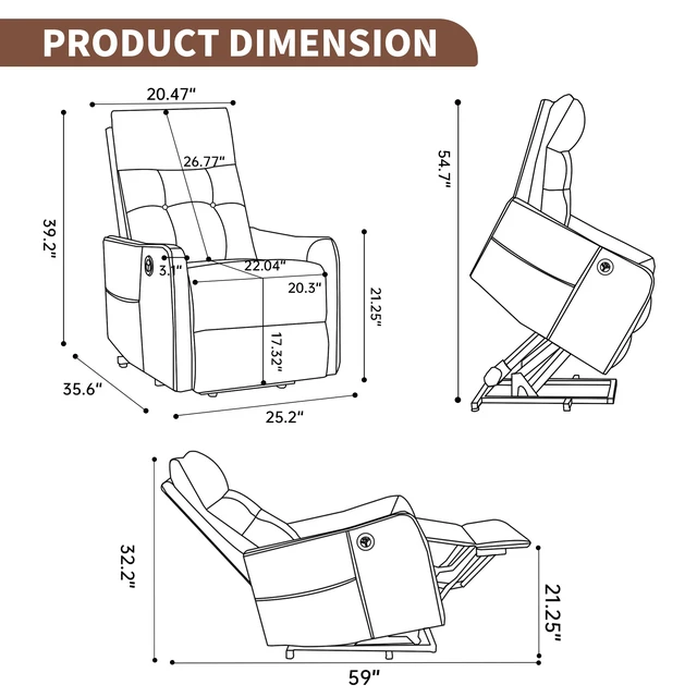 Alt view image 3 of 7 - Single Motor Power Lift Recliner Chair with Massage and Heat for Elderly, Heavy Duty Motion Mechanism and One USB