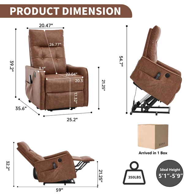 Alt view image 2 of 7 - Single Motor Power Lift Recliner Chair with Massage and Heat for Elderly, Heavy Duty Motion Mechanism and One USB