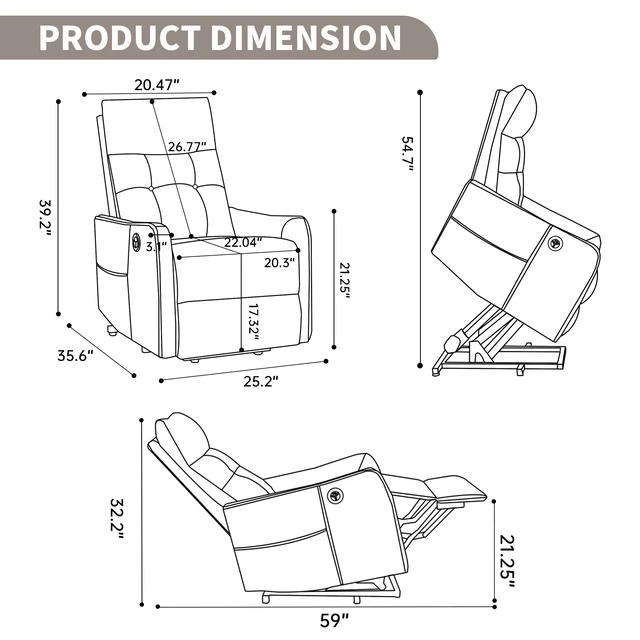 Alt view image 3 of 7 - Single Motor Power Lift Recliner Chair with Massage and Heat for Elderly, Heavy Duty Motion Mechanism and One USB