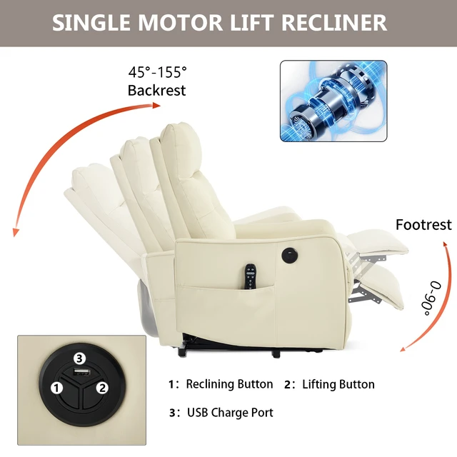 Alt view image 5 of 7 - Single Motor Power Lift Recliner Chair with Massage and Heat for Elderly, Heavy Duty Motion Mechanism and One USB