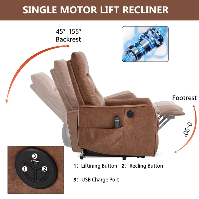 Alt view image 5 of 7 - Single Motor Power Lift Recliner Chair with Massage and Heat for Elderly, Heavy Duty Motion Mechanism and One USB