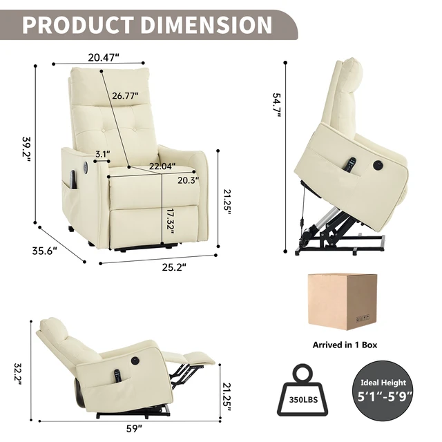 Alt view image 2 of 7 - Single Motor Power Lift Recliner Chair with Massage and Heat for Elderly, Heavy Duty Motion Mechanism and One USB