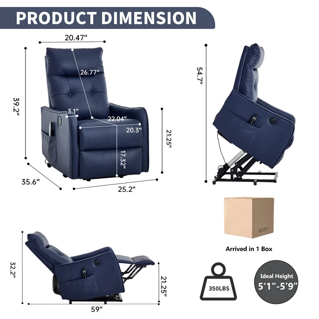 Alt view image 2 of 7 - Single Motor Power Lift Recliner Chair with Massage and Heat for Elderly, Heavy Duty Motion Mechanism and One USB