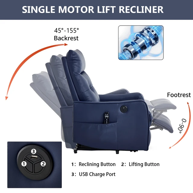 Alt view image 4 of 7 - Single Motor Power Lift Recliner Chair with Massage and Heat for Elderly, Heavy Duty Motion Mechanism and One USB