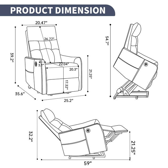 Alt view image 3 of 7 - Single Motor Power Lift Recliner Chair with Massage and Heat for Elderly, Heavy Duty Motion Mechanism and One USB