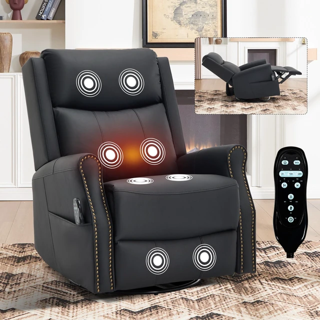 Main image of Black Leather Heat Massage Manual Recliner Chair with Rocker and Swivel for Living, Faux Leather