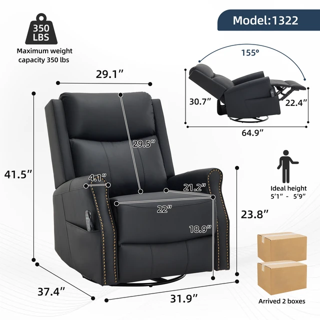 Alt view image 2 of 7 - Black Leather Heat Massage Manual Recliner Chair with Rocker and Swivel for Living, Faux Leather