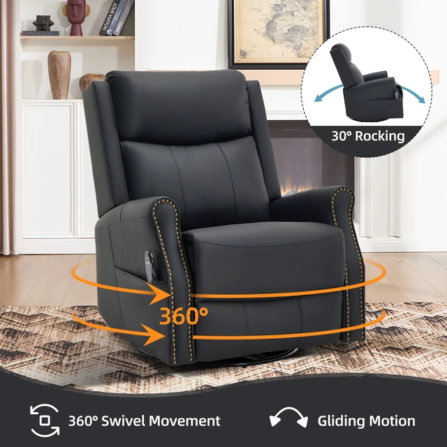 Alt view image 4 of 7 - Black Leather Heat Massage Manual Recliner Chair with Rocker and Swivel for Living, Faux Leather