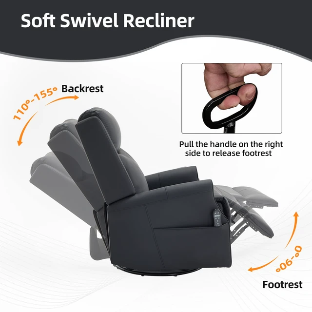 Alt view image 5 of 7 - Black Leather Heat Massage Manual Recliner Chair with Rocker and Swivel for Living, Faux Leather