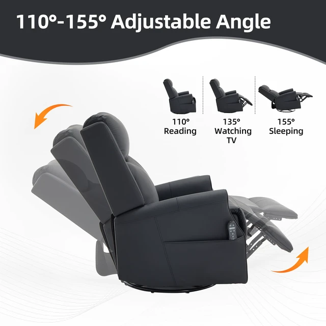 Alt view image 6 of 7 - Black Leather Heat Massage Manual Recliner Chair with Rocker and Swivel for Living, Faux Leather