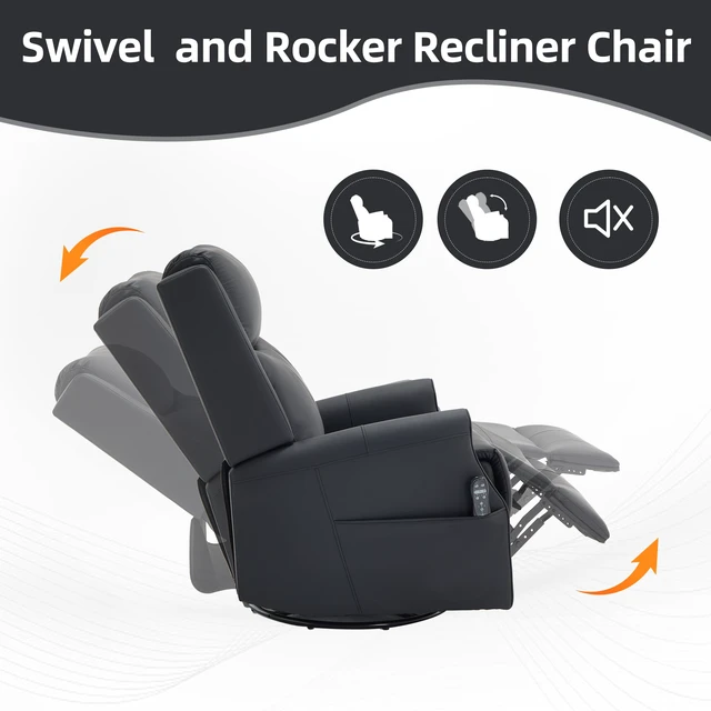 Alt view image 7 of 7 - Black Leather Heat Massage Manual Recliner Chair with Rocker and Swivel for Living, Faux Leather