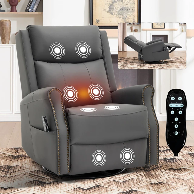 Main image of Grey Leather Heat Massage Manual Recliner Chair with Rocker and Swivel for Living, Faux Leather