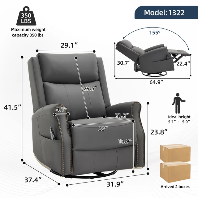 Alt view image 2 of 7 - Grey Leather Heat Massage Manual Recliner Chair with Rocker and Swivel for Living, Faux Leather
