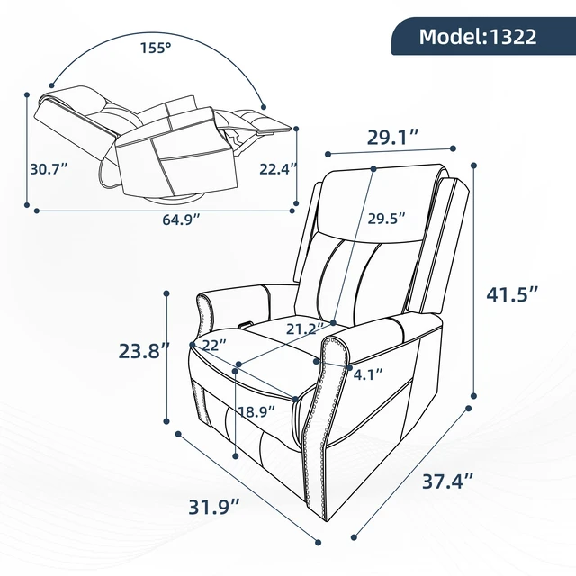 Alt view image 3 of 7 - Grey Leather Heat Massage Manual Recliner Chair with Rocker and Swivel for Living, Faux Leather