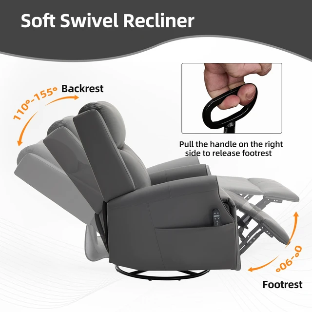 Alt view image 5 of 7 - Grey Leather Heat Massage Manual Recliner Chair with Rocker and Swivel for Living, Faux Leather