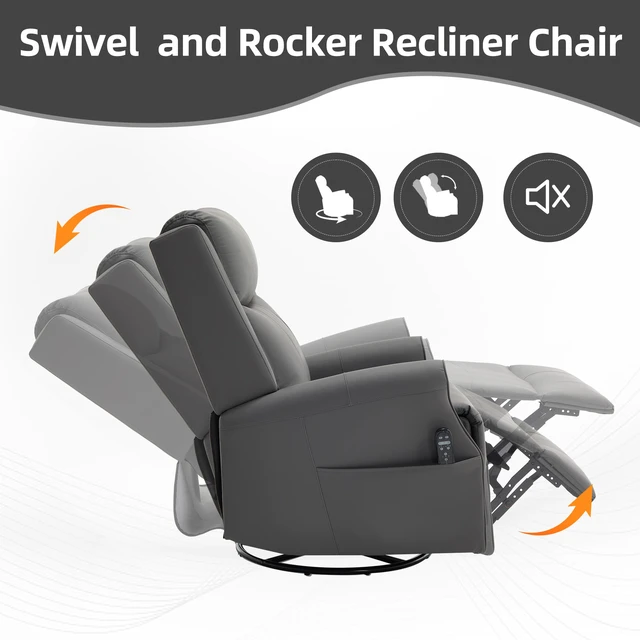 Alt view image 6 of 7 - Grey Leather Heat Massage Manual Recliner Chair with Rocker and Swivel for Living, Faux Leather