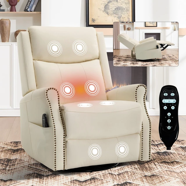 Main image of Beige Leather Heat Massage Manual Recliner Chair with Rocker and Swivel for Living, Faux Leather