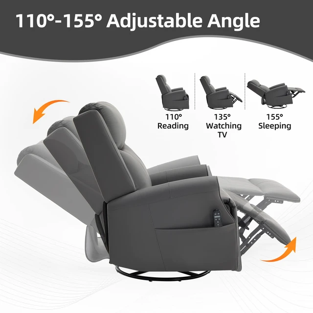 Alt view image 7 of 7 - Grey Leather Heat Massage Manual Recliner Chair with Rocker and Swivel for Living, Faux Leather