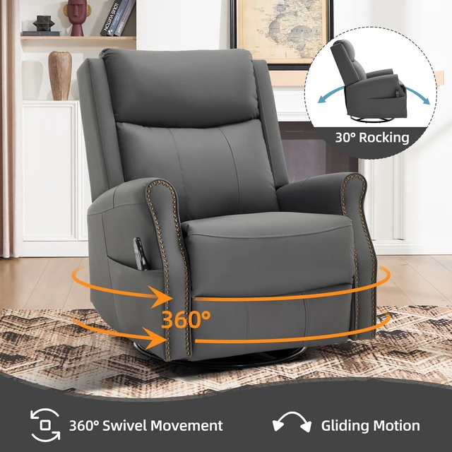 Alt view image 4 of 7 - Grey Leather Heat Massage Manual Recliner Chair with Rocker and Swivel for Living, Faux Leather