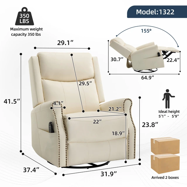 Alt view image 2 of 7 - Beige Leather Heat Massage Manual Recliner Chair with Rocker and Swivel for Living, Faux Leather