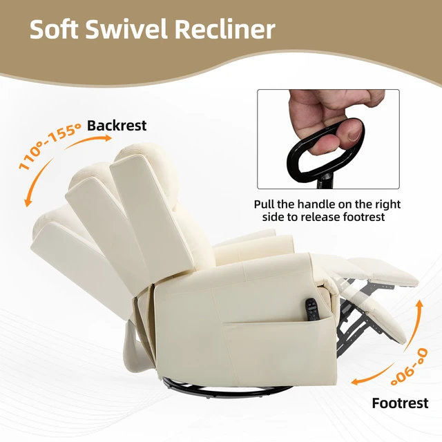 Alt view image 5 of 7 - Beige Leather Heat Massage Manual Recliner Chair with Rocker and Swivel for Living, Faux Leather