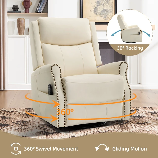 Alt view image 4 of 7 - Beige Leather Heat Massage Manual Recliner Chair with Rocker and Swivel for Living, Faux Leather