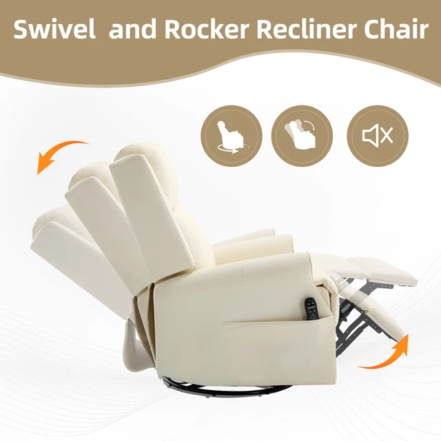 Alt view image 6 of 7 - Beige Leather Heat Massage Manual Recliner Chair with Rocker and Swivel for Living, Faux Leather
