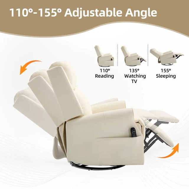 Alt view image 7 of 7 - Beige Leather Heat Massage Manual Recliner Chair with Rocker and Swivel for Living, Faux Leather