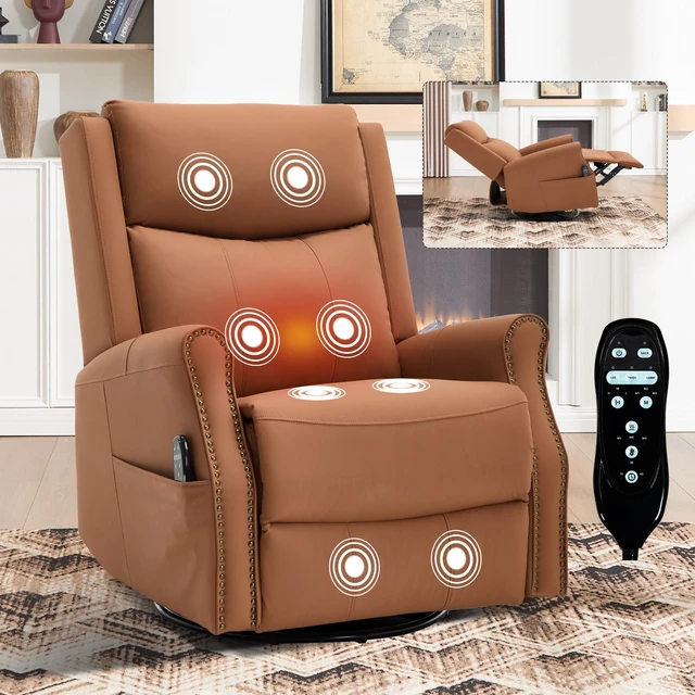 Main image of Orange Leather Heat Massage Manual Recliner Chair with Rocker and Swivel for Living, Faux Leather
