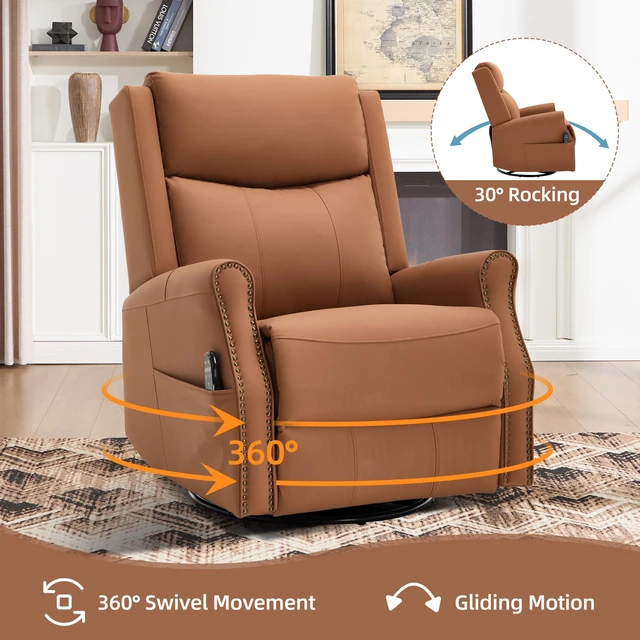 Alt view image 4 of 7 - Orange Leather Heat Massage Manual Recliner Chair with Rocker and Swivel for Living, Faux Leather
