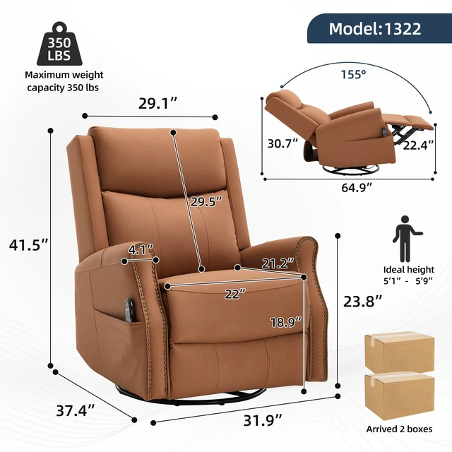 Alt view image 2 of 7 - Orange Leather Heat Massage Manual Recliner Chair with Rocker and Swivel for Living, Faux Leather