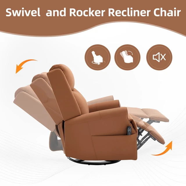 Alt view image 6 of 7 - Orange Leather Heat Massage Manual Recliner Chair with Rocker and Swivel for Living, Faux Leather