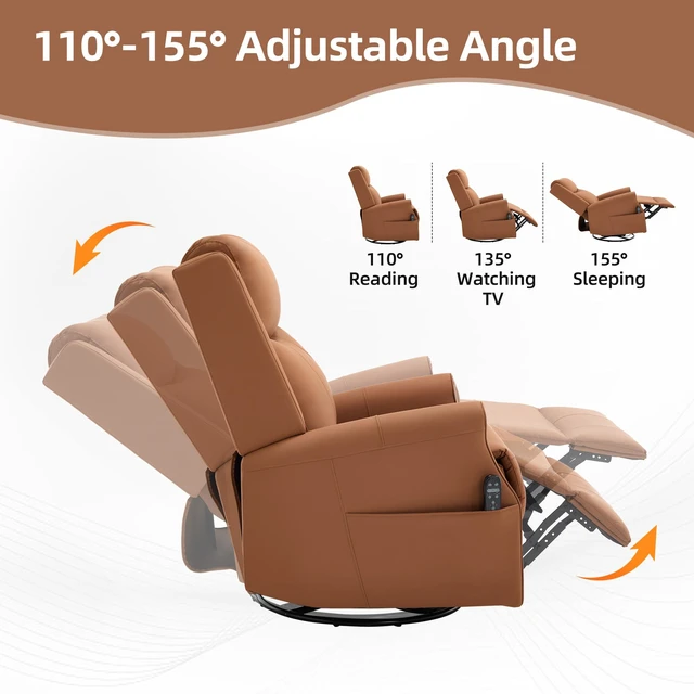Alt view image 7 of 7 - Orange Leather Heat Massage Manual Recliner Chair with Rocker and Swivel for Living, Faux Leather