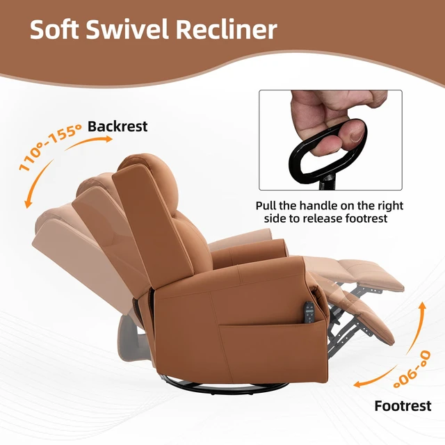 Alt view image 5 of 7 - Orange Leather Heat Massage Manual Recliner Chair with Rocker and Swivel for Living, Faux Leather