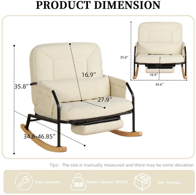 Alt view image 3 of 7 - Corduroy Rocking Chair Pull-Out Footrest, 100°-160° Adjustable Backrest Glider Rocker Recliner with Side Pocket