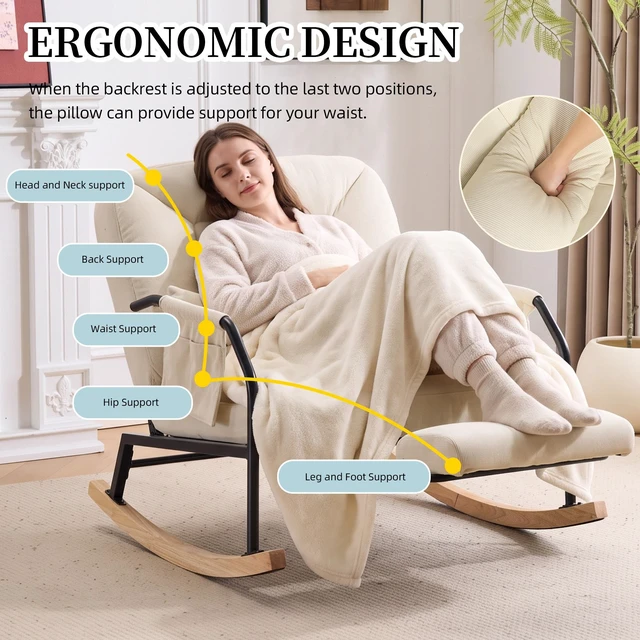 Alt view image 4 of 7 - Corduroy Rocking Chair Pull-Out Footrest, 100°-160° Adjustable Backrest Glider Rocker Recliner with Side Pocket