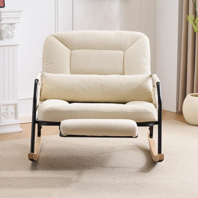 Alt view image 2 of 7 - Corduroy Rocking Chair Pull-Out Footrest, 100°-160° Adjustable Backrest Glider Rocker Recliner with Side Pocket