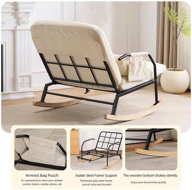 Alt view image 6 of 7 - Corduroy Rocking Chair Pull-Out Footrest, 100°-160° Adjustable Backrest Glider Rocker Recliner with Side Pocket