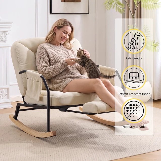 Alt view image 5 of 7 - Corduroy Rocking Chair Pull-Out Footrest, 100°-160° Adjustable Backrest Glider Rocker Recliner with Side Pocket