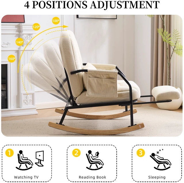Alt view image 7 of 7 - Corduroy Rocking Chair Pull-Out Footrest, 100°-160° Adjustable Backrest Glider Rocker Recliner with Side Pocket
