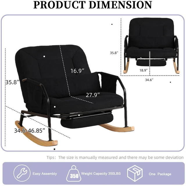 Alt view image 3 of 7 - Corduroy Rocking Chair Pull-Out Footrest, Adjustable Backrest 100°-160° Glider Rocker Recliner with Side Pocket